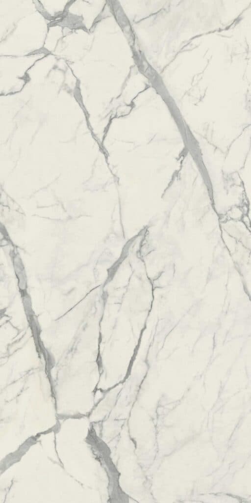 Statuario Leonardo porcelain slab — bright white with bold charcoal veining